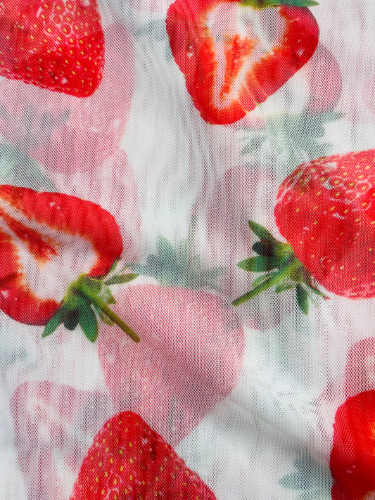 strawberry print white mesh  (width 58 inches) 1 meter per 1 sale